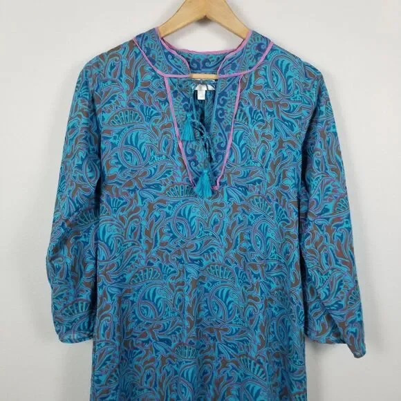 Cleobella Blue Bria Zuri Block Print Kaftan Midi Dress No Belt Size XS *Damaged - Picture 11 of 16